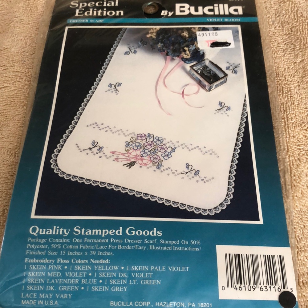 NEW Bucilla Special Edition Dresser Scarf Stamped Embroidery Kit Violet Bloom